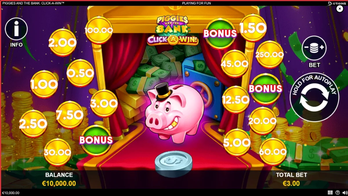 Piggies and the Bank: Click-A-Win slot interface dengan tema babi kaya dan koin emas.
